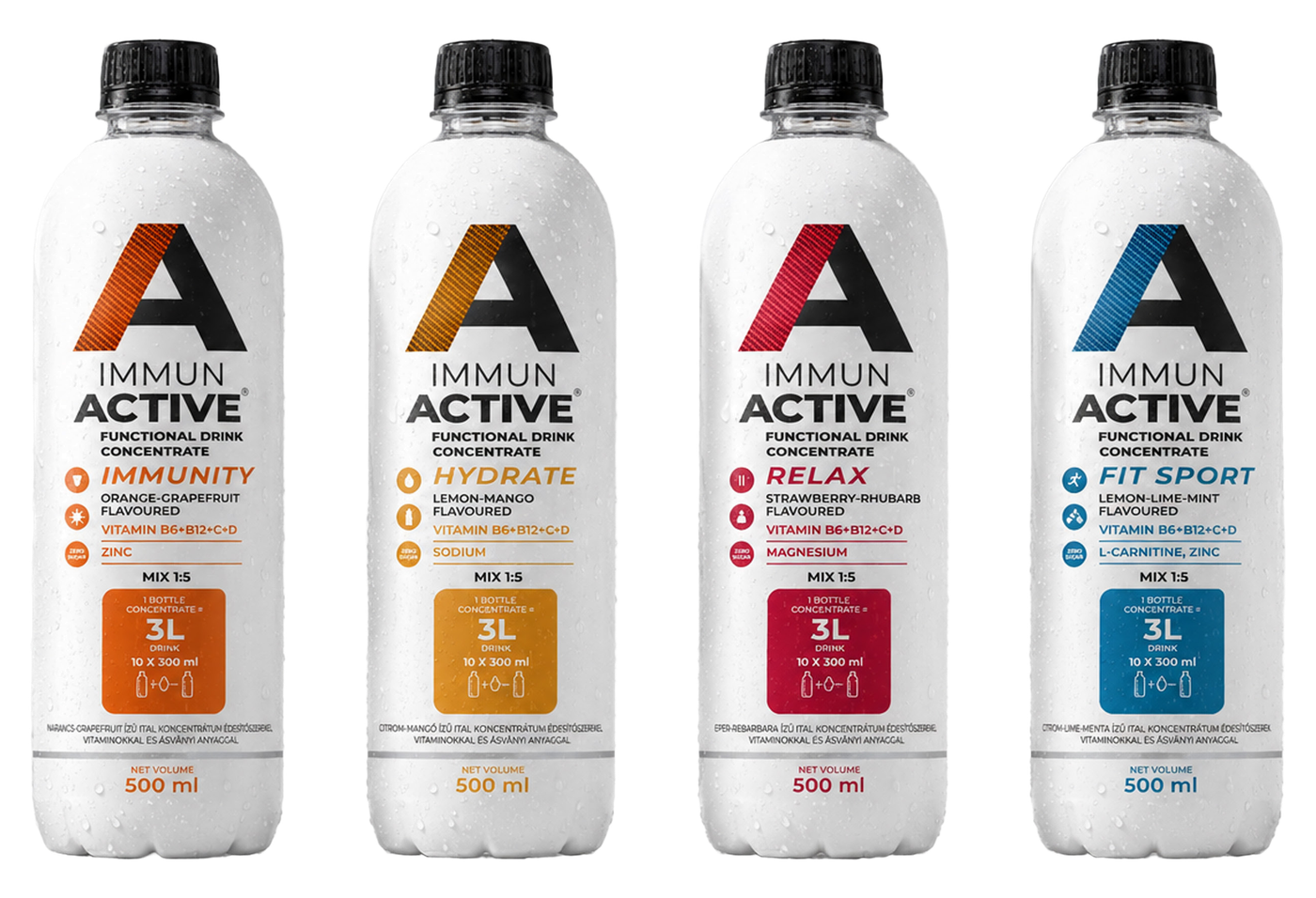Az Immun Active négy koncentrátuma egymás mellett: Immunity, Hydrate, Relax és Fit Sport, 500 ml-es palackokban.